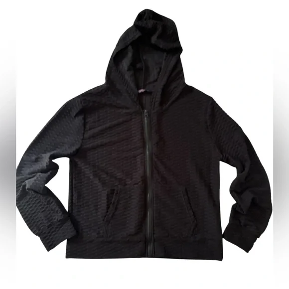 Women's Black Textured/waffled Jacket AQ Sports 2X lightweight, hood & pockets. - Picture 5 of 10